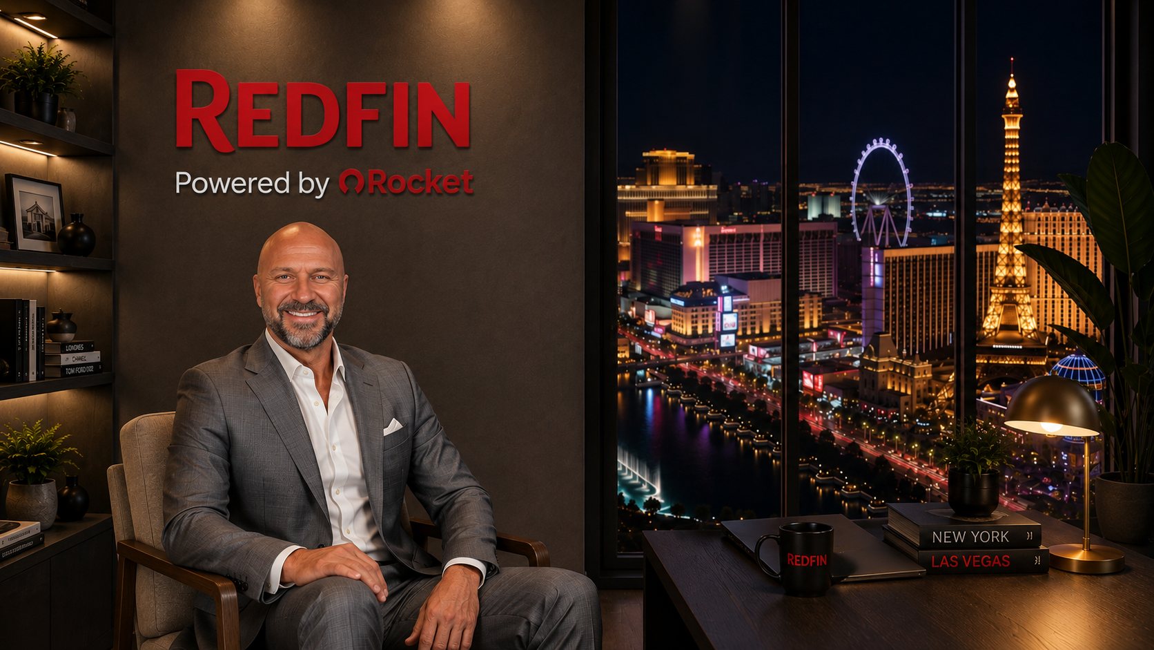 Lenny Zbinden seated in the Redfin office with the Las Vegas Strip at night behind him